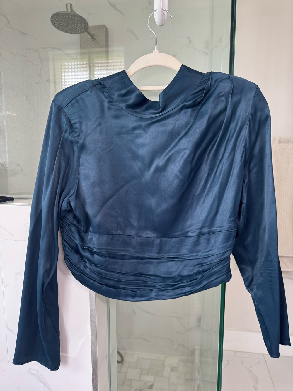 Zara Navy Satin Long Sleeve Crop Top